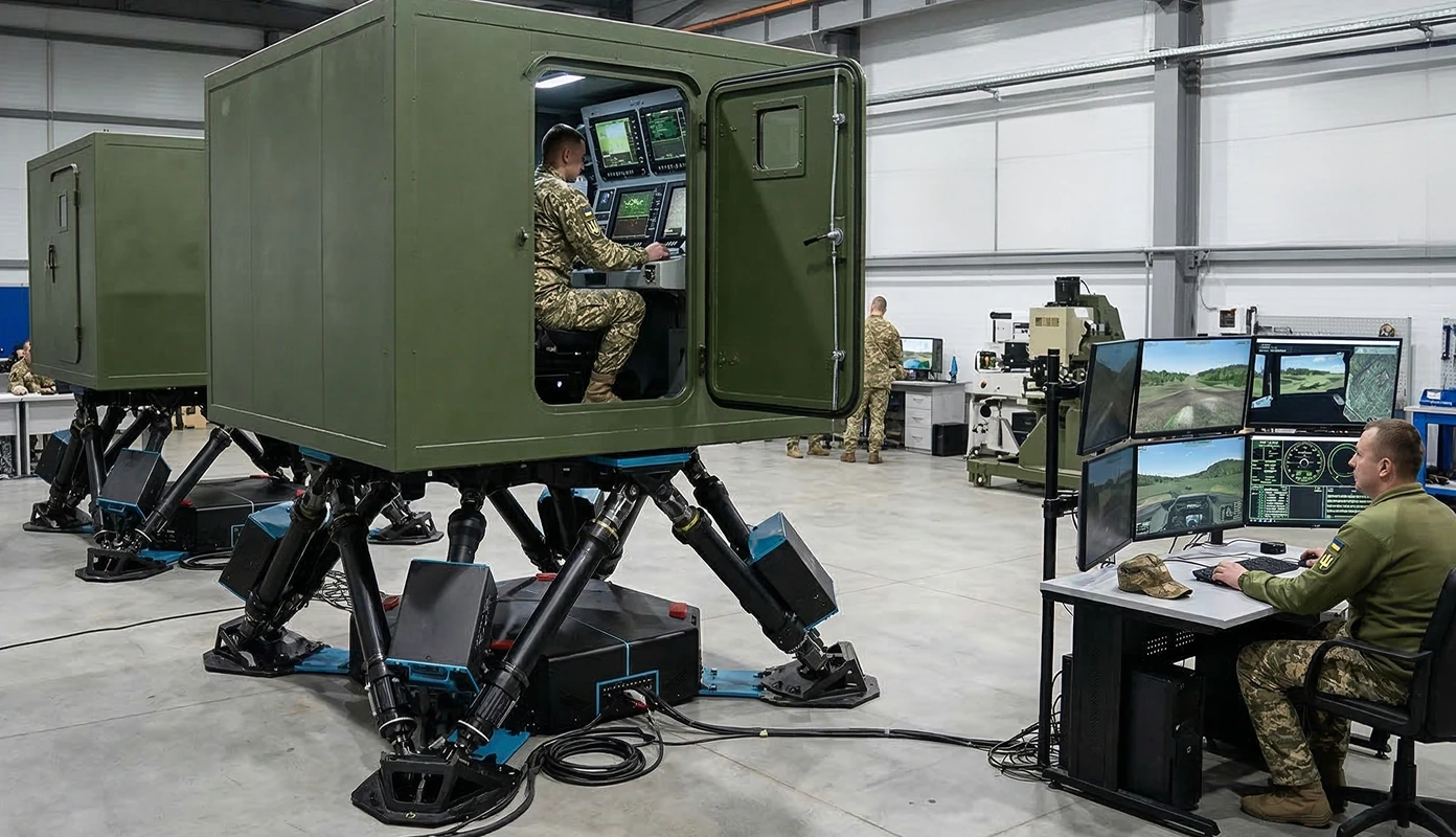 Dynamic cabin on a hydraulic platform where a crew practices driving a vehicle, with the process broadcast on external monitors