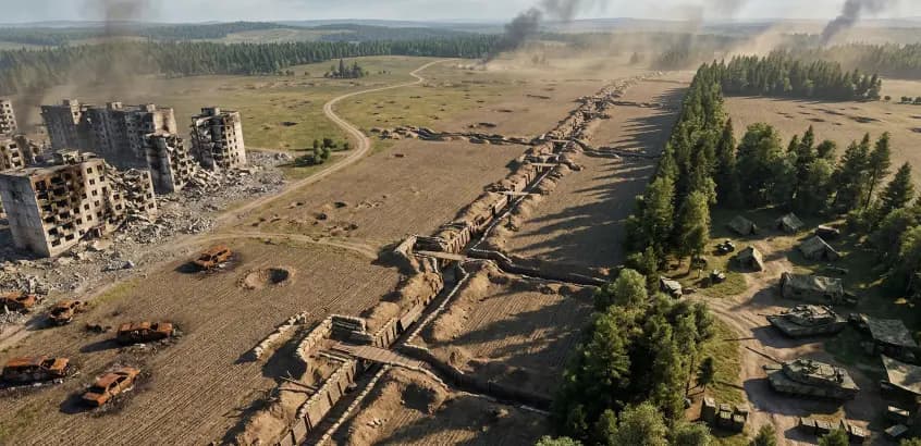 Симуляція бойових дій БпЛА над лінією фронту, окопами та зруйнованою технікою ворога