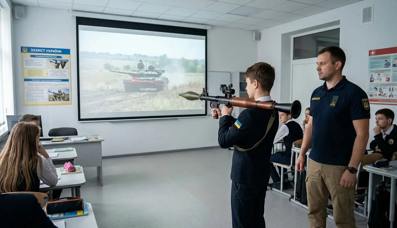 Інструктор спостерігає, як учень цілиться з навчального гранатомета по проєкції танка в умовах інтерактивного тиру