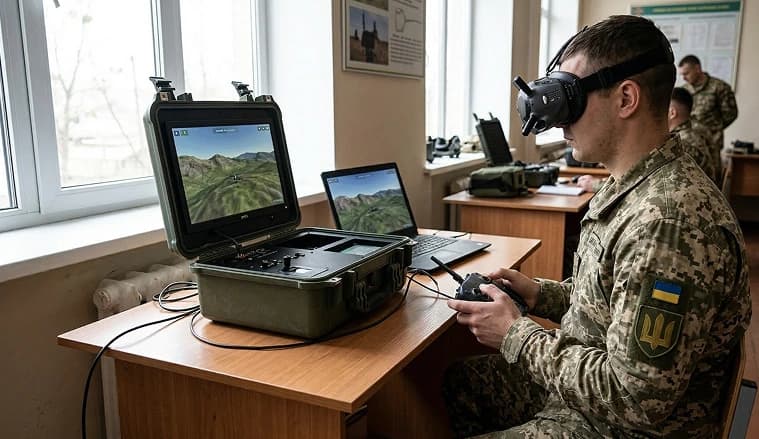 Військовослужбовець ЗСУ тренується керувати FPV-дроном за допомогою VR-окулярів та портативного симулятора в навчальному класі