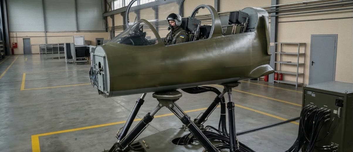Пілот у шоломі сидить у кабіні динамічного симулятора реактивного літака, який функціонує на базі рухомої шестиосьової платформи