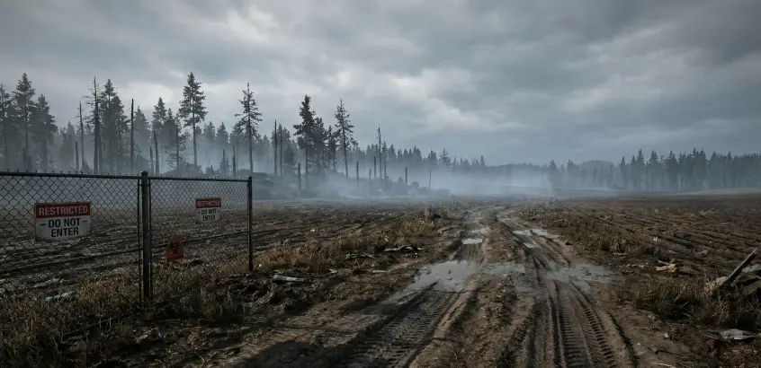 Combat environment simulation: overcast autumn landscape with a dirt road and destroyed equipment