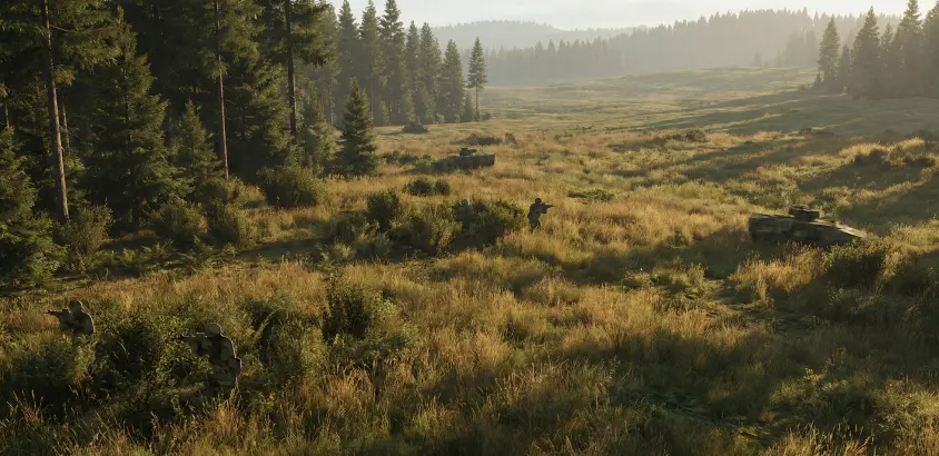 Combat environment simulation: sunny weather on a hilly terrain overgrown with shrubs