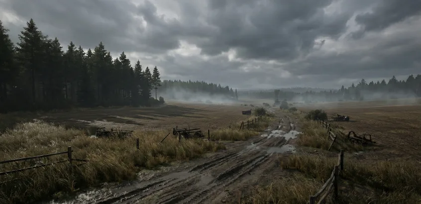 Combat environment simulation: destroyed infrastructure with a fence and a washed-out dirt road in the fog
