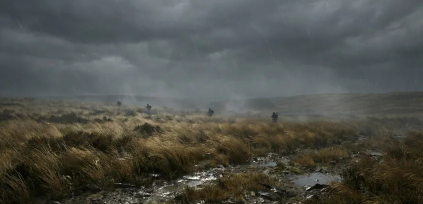 Combat environment simulation: swampy terrain during rain with low cloud cover