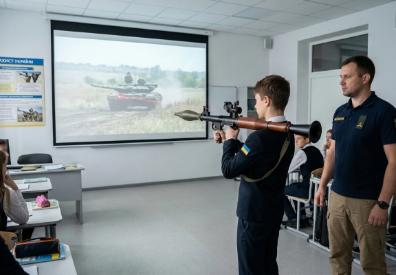 Instructor watching a trainee aim a training grenade launcher at a projected tank in an interactive shooting range