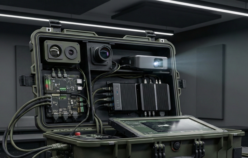 Open case containing the hardware components of the COLT system: a projector, cameras, and an instructor's touchscreen monitor