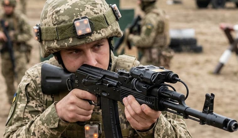 Військовослужбовець ЗСУ під час тактичного тренування цілиться зі штурмової гвинтівки, оснащеної лазерним випромінювачем та датчиками фіксації ураження на шоломі