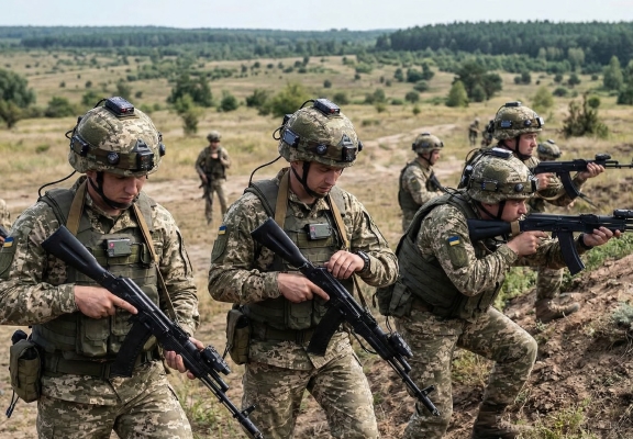 Group of equipped soldiers conducting tactical training with laser weapons outdoors in a forest landscape