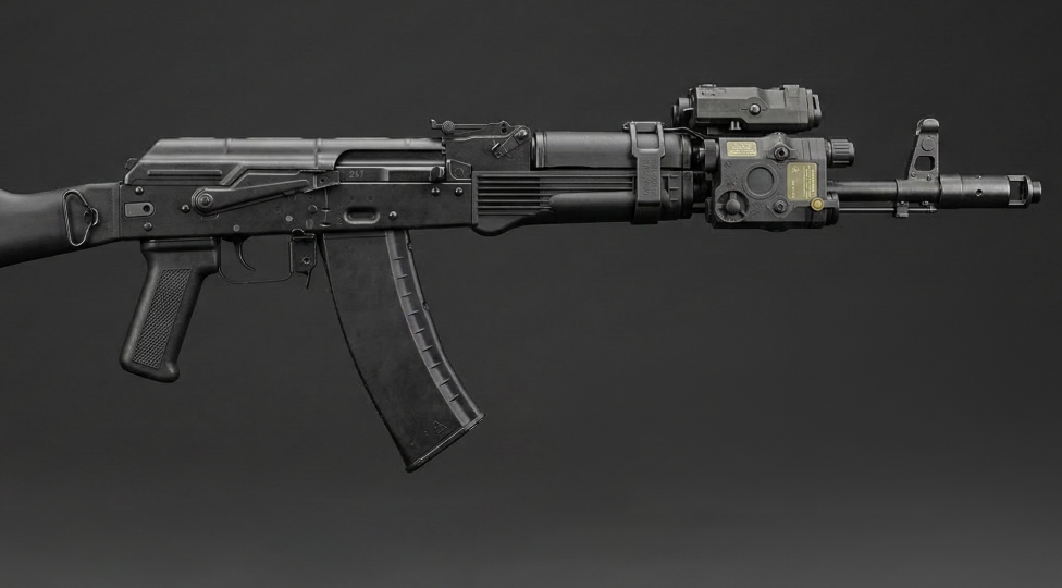 A close-up view of a tactical weapon simulator based on a Kalashnikov assault rifle, equipped with a laser emitter and a sensor unit for accuracy training