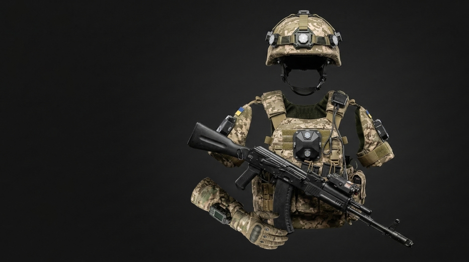 A complete set of individual tactical gear for combat simulation: a helmet, body armor, and an assault rifle, equipped with integrated laser sensors and electronic modules against a dark background
