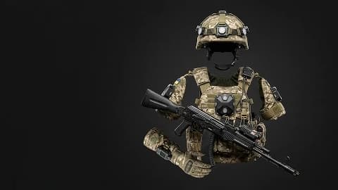 Повний комплект індивідуального тактичного спорядження для імітації бойових дій: шолом, бронежилет та штурмова гвинтівка, оснащені вбудованими лазерними датчиками та електронними модулями, на темному тлі