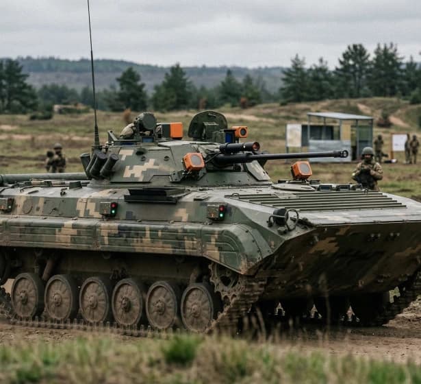 Бойова машина піхоти (БМП) у цифровому камуфляжі на полігоні, оснащена системою лазерних датчиків для відпрацювання бойових сценаріїв, на фоні військовослужбовців