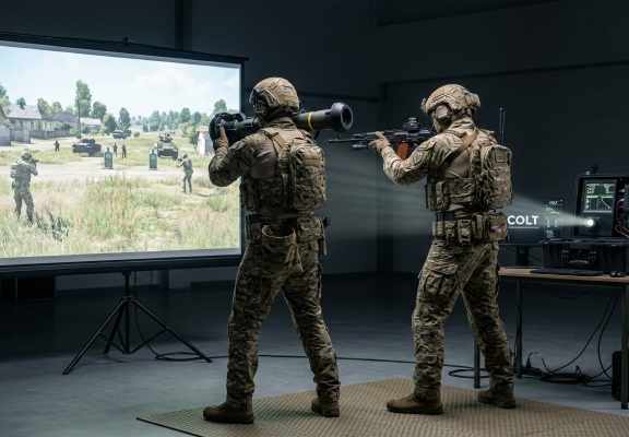 Soldiers aiming laser simulators of small arms and anti-tank weapons at virtual targets on a large projection screen