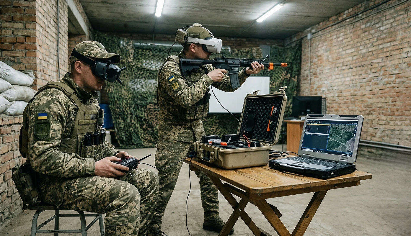 Military operators training to control UAVs using a remote, VR goggles, and specialized software on a laptop