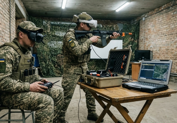 Military operators training to control UAVs using a remote, VR goggles, and specialized software on a laptop