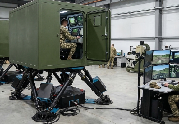 Dynamic cabin on a hydraulic platform where a crew practices driving a vehicle, with the process broadcast on external monitors