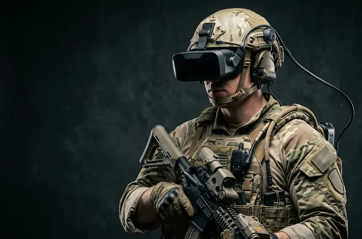 A soldier wearing a VR headset and tactical gear, holding a mock AR-15 rifle, connected to a virtual simulation system