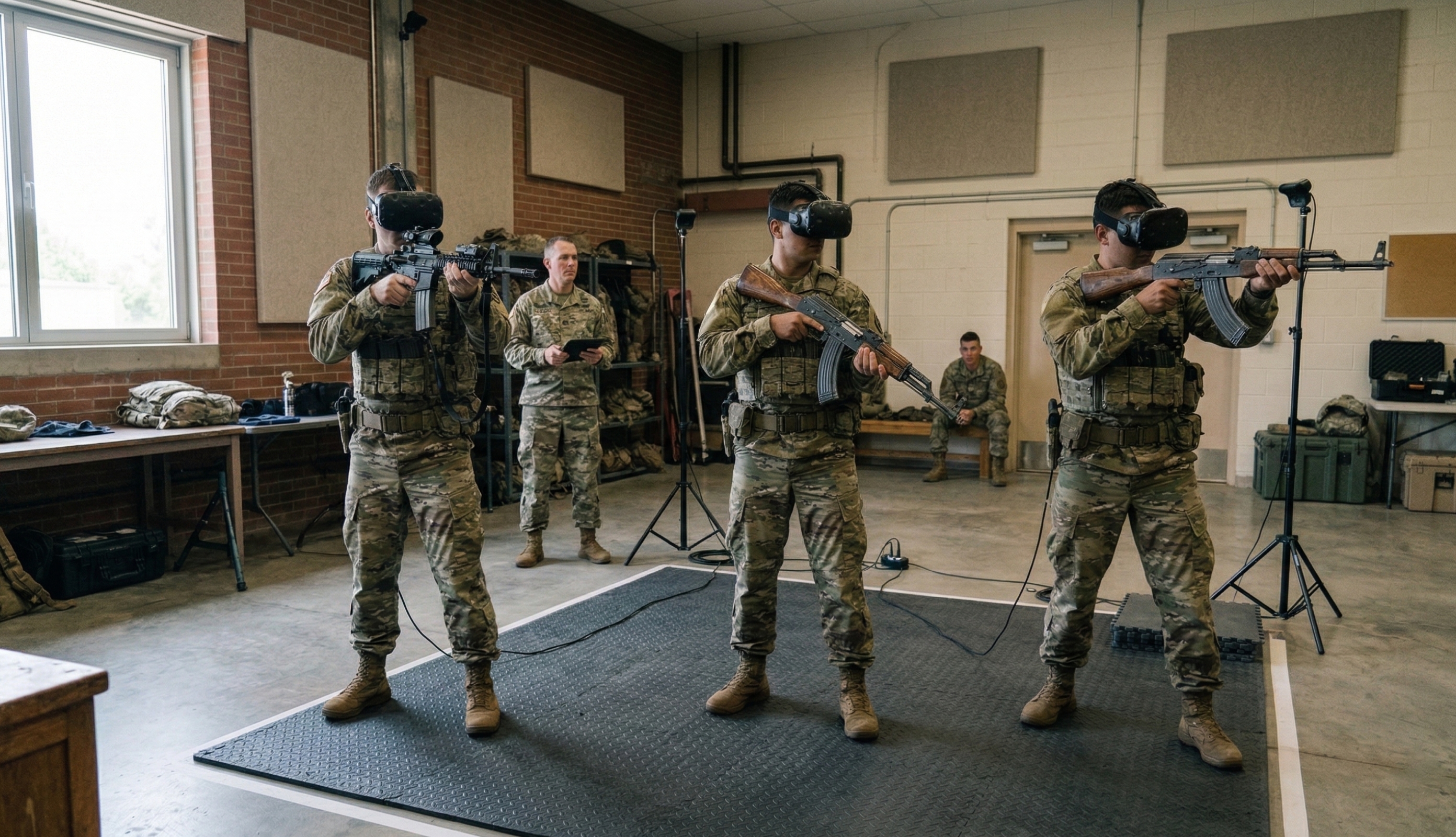 Three military personnel in virtual reality headsets practicing tactical skills with weapons in a training room