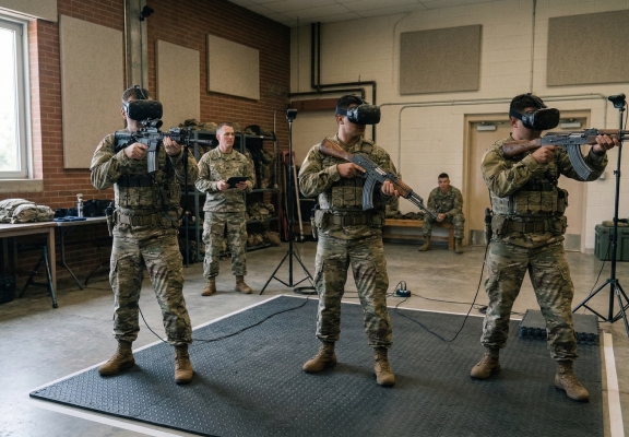 Three military personnel in virtual reality headsets practicing tactical skills with weapons in a training room