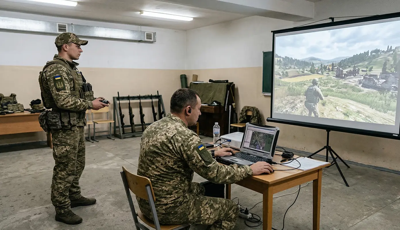 Військовий за ноутбуком моделює бойовий сценарій на великому екрані для відпрацювання тактики у віртуальному середовищі