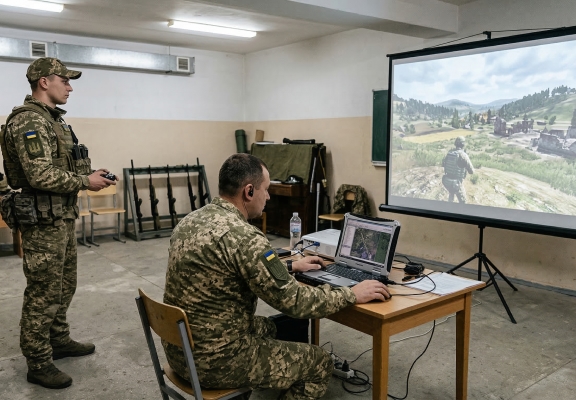 Soldier at a laptop modeling a combat scenario on a large screen for tactical practice in a virtual environment