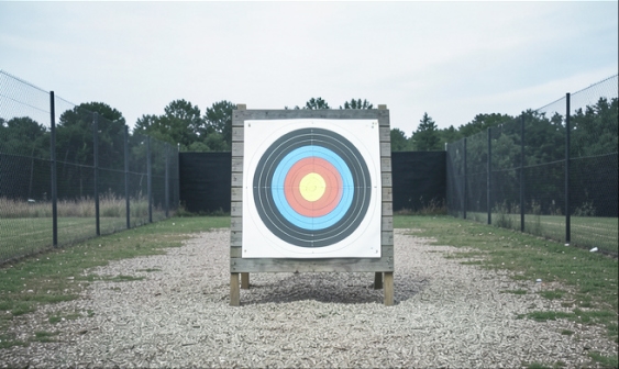 A static circular target on a wooden shield for practicing basic aiming exercises