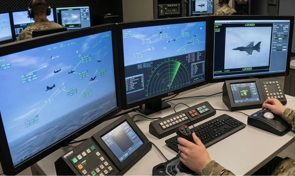 “Air defense simulator: an operator practices detecting and engaging air targets with a joystick while monitoring radar station screens