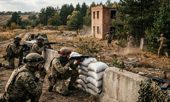 Soldiers are practicing assault operations in rural areas, taking up firing positions behind fortifications made of concrete slabs and sandbags