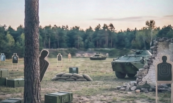 A fully equipped military training range featuring tactical targets, shelters, and armored vehicles for practicing combat scenarios