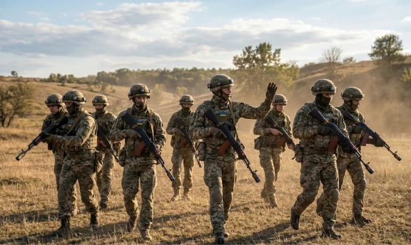 A group of fully equipped soldiers conducts a tactical movement across open terrain on a sunny day during a field mission exercise