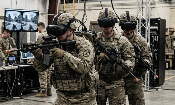 A group of soldiers wearing virtual reality headsets is practicing team tactics using AR-15 weapon simulators at a PC/VR training facility