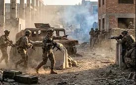 Військові ведуть вогневий контакт в умовах задимленої міської забудови та руїн, використовуючи бетонні блоки та військову техніку як укриття