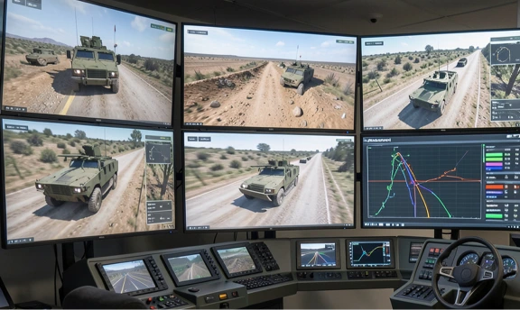 Military vehicle driving simulator: a multi-screen system with a steering wheel for practicing maneuvers on various types of terrain